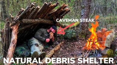 Solo Overnight With 5 Items Building a Natural Shelter with a Tomahawk Bacon Ribeye Cooked on a Rock