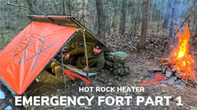 Solo Overnight Building an Emergency Fort In The Woods Part 1 Rock Heater with Bacon Steak Hobo Meal