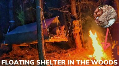 Solo Overnight Building a Floating Shelter In The Woods and Bacon Grease Seared T-bone Steak