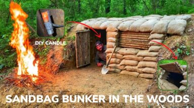 Solo Overnight Building a Sandbag Shelter In the Woods and Fried Bacon and Cheese Kielbasa