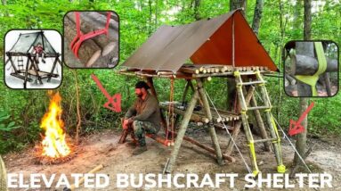 Solo Overnight Building a Bushcraft Raised Shelter and Dining Area and a Rise and Shine Bacon Burger