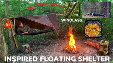 Solo Overnight Building a Mechanical Floating Shelter In The Woods and Kielbasa and Cheese Skillet
