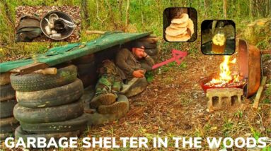 Solo Overnight Building a Garbage Dump Shelter in the Woods and Chicken of The Woods Lipton Soup.