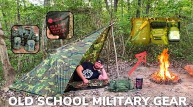 Solo Overnight Using a Minimum Old School Military Kit In The Woods and Wild Boar Bacon Bean Stew