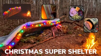 Solo Overnight Building a Christmas Super Shelter in the Woods and Ham Cooked in a Bush Pot