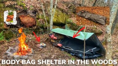 Solo Overnight Using Cadaver Body Bags for an Emergency Shelter and Bacon Ribeye Cooked on a Rock