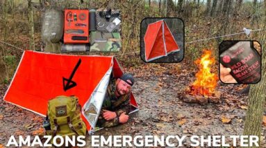 Solo Overnight Testing Amazons Emergency Shelter in The Rain and Wild Boar Bacon Stew