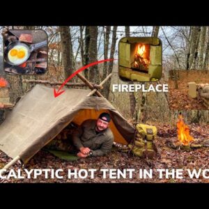 Solo Overnight Building a Post-Apocalyptic Hot Tent with a Fireplace and Bacon Ribeye Potato Skillet
