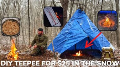 Solo Overnight Building a DIY Teepee For $25 In the Snow and Bacon Chicken Ranch Skillet