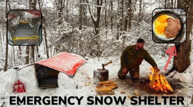 Solo Overnight Building an Emergency Shelter in The Snow and Steak with Eggs