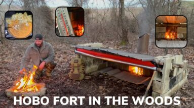 Solo Overnight Building a Hobo Fort with a Fireplace In the Woods and Chili Cheese Nachos