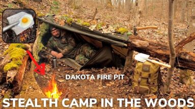Solo Overnight Building a Stealth Camp in The Woods and Steak and Eggs Cooked on a Shovel
