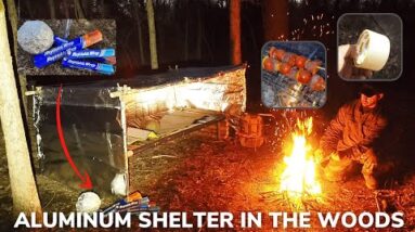 Solo Overnight Building an Aluminum Foil Shelter In the Woods and Ribeye Kabobs