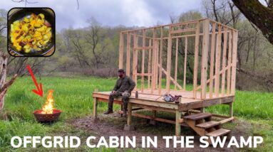 Solo 2 Day Overnight Building an Offgrid Cabin in The Swamp and Hobo Potato Skillet