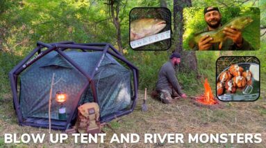 Solo Overnight Using an Inflatable Tent and Catching River Monsters in The Woods and Bowfin Nuggets