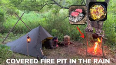 Solo Overnight Building a Tarp Tent and Covered Firepit in The Rain and Campfire Ribeye Steak