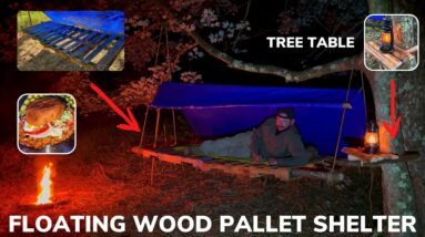 Solo Overnight Building a DIY Floating Pallet Shelter in The Woods and Campfire Texas Tenderloin