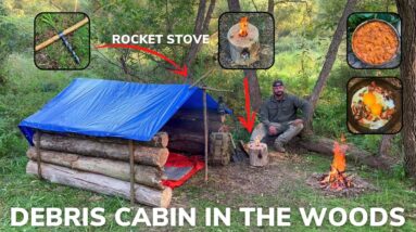 Solo Overnight Building a DIY Debris Cabin in The Woods and Skillet Lasagna