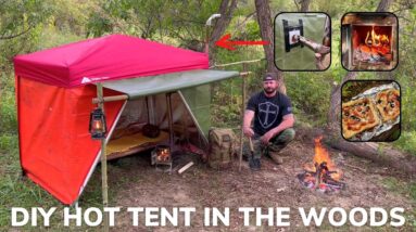 Solo Overnight Building a DIY Emergency Hot Tent in The Woods and Bacon French Bread Pizza