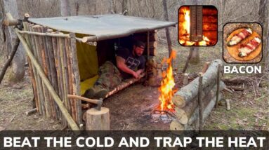 Solo Overnight Building a Bushcraft Shack in the Woods to Trap the Heat and Bacon Jalapeno Poppers