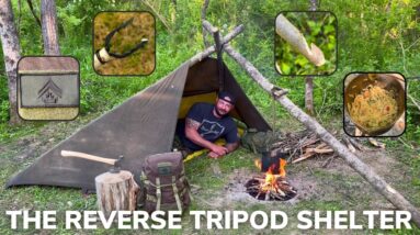 Solo Overnight Building a Reverse Tripod Tarp Tent in the Woods and Shrimp Alfredo.