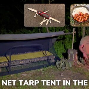 Solo Overnight Building a DIY Bug Net Tarp Tent in the Woods and Hibachi Chicken with Rice