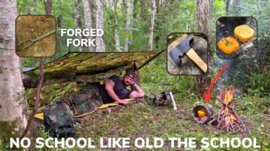 Solo Overnight Staying Dry in a Poncho Shelter During a Rainstorm and a DIY Bushcraft Oven Omelet.