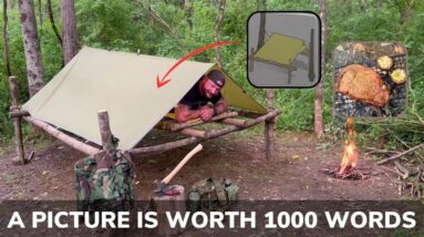 Solo Overnight Building a Shelter in The Rain and Ribeye with Stuffed Mushrooms