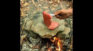 How To Cook on a Rock #campinginthewoods #cavemansteak #campfirecooking