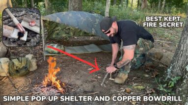 Solo Overnight Using a Simple Pop-Up Shelter and Making Fire with a Copper Bow Drill