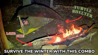 Solo Overnight Surviving the Winter with a Turtle Shelter and Long Fire