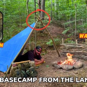Solo Overnight Building a Wattle Fence Shelter and Cooking a Double Cheeseburger on a Rock