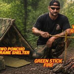 Solo Overnight Building a Two Poncho Shelter with a Green Stick Fire and Rotisserie in The Woods.