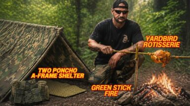 Solo Overnight Building a Two Poncho Shelter with a Green Stick Fire and Rotisserie in The Woods.